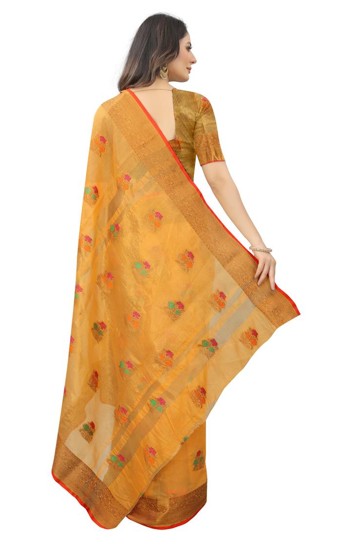 Korams Design Yellow Designer Cotton Chanderi Woven Saree With Blouse For Women