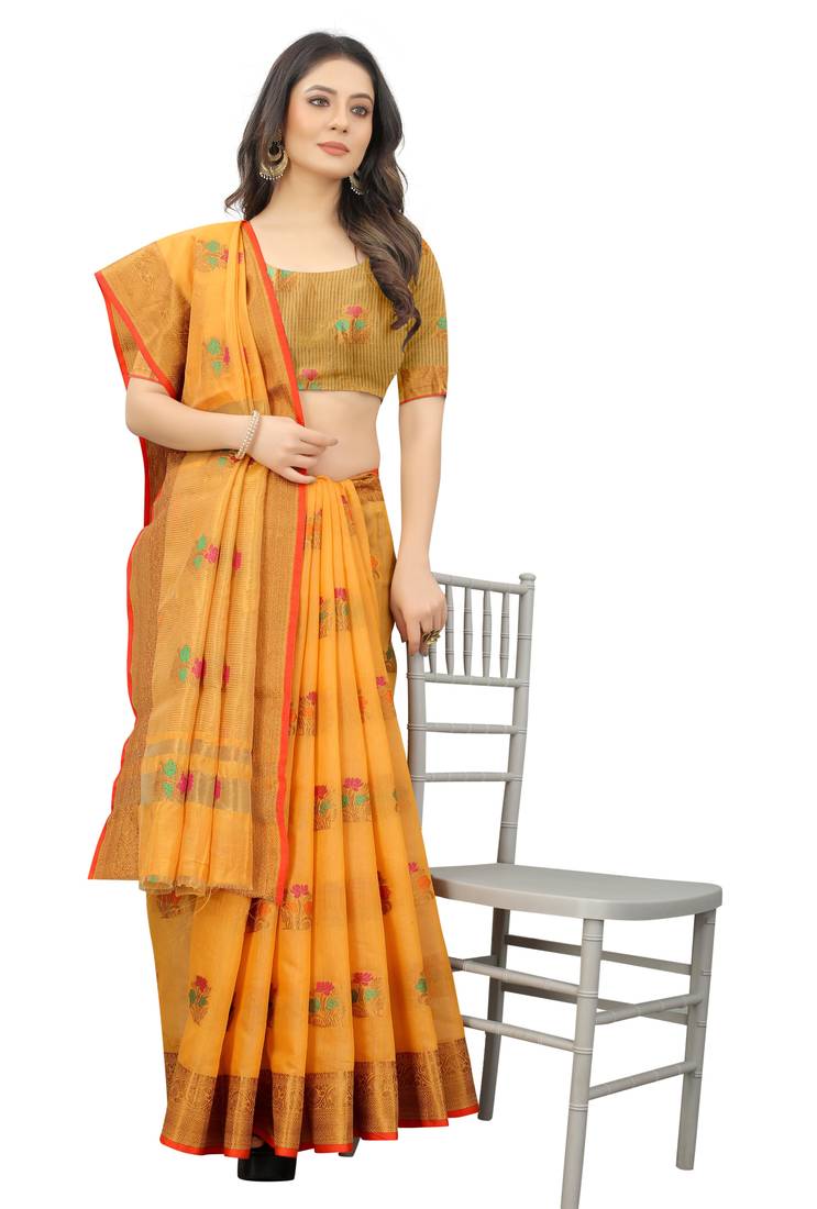 Korams Design Yellow Designer Cotton Chanderi Woven Saree With Blouse For Women