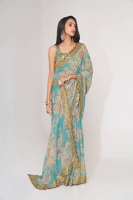 Sky Blue Sequins Embroidery On Digital Printed Organza Weddding And Party Saree 1