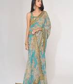 Sky Blue Sequins Embroidery On Digital Printed Organza Weddding And Party Saree