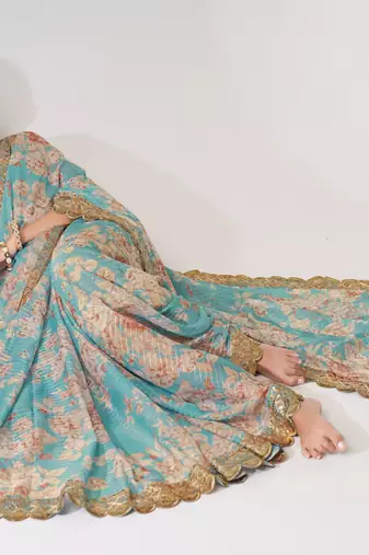 Sky Blue Sequins Embroidery On Digital Printed Organza Weddding And Party Saree