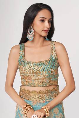 Sky Blue Sequins Embroidery On Digital Printed Organza Weddding And Party Saree 3