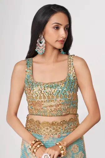 Sky Blue Sequins Embroidery On Digital Printed Organza Weddding And Party Saree
