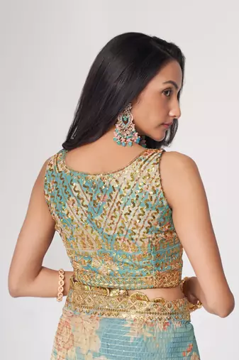 Sky Blue Sequins Embroidery On Digital Printed Organza Weddding And Party Saree