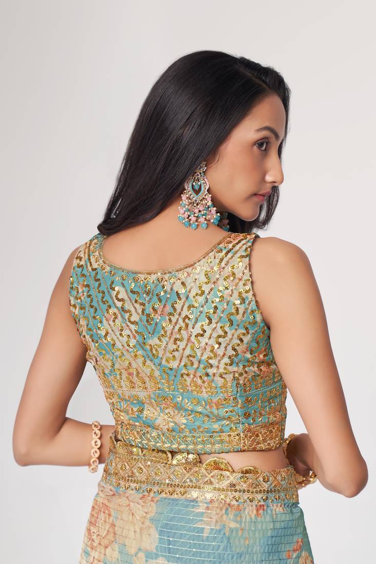 Sky Blue Sequins Embroidery On Digital Printed Organza Weddding And Party Saree