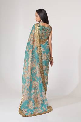 Sky Blue Sequins Embroidery On Digital Printed Organza Weddding And Party Saree 5