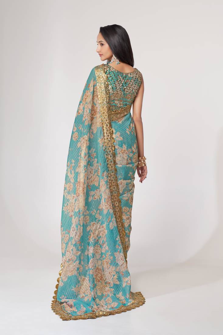 Sky Blue Sequins Embroidery On Digital Printed Organza Weddding And Party Saree