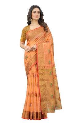 Orange Designer Cotton Chanderi Woven Saree With Blouse For Women 1