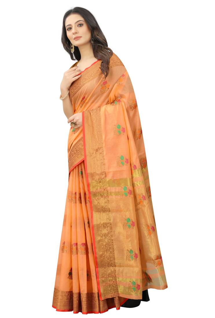 Korams Design Orange Designer Cotton Chanderi Woven Saree With Blouse For Women
