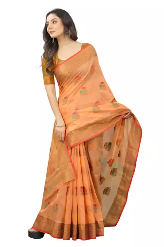Orange Designer Cotton Chanderi Woven Saree With Blouse For Women