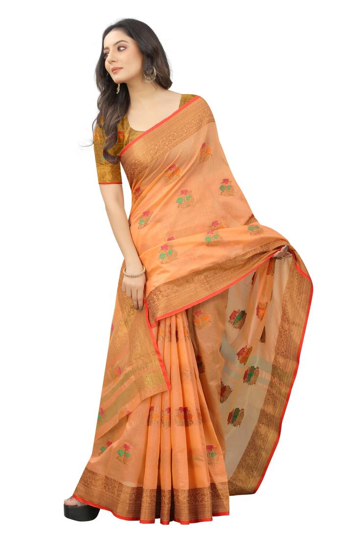 Korams Design Orange Designer Cotton Chanderi Woven Saree With Blouse For Women
