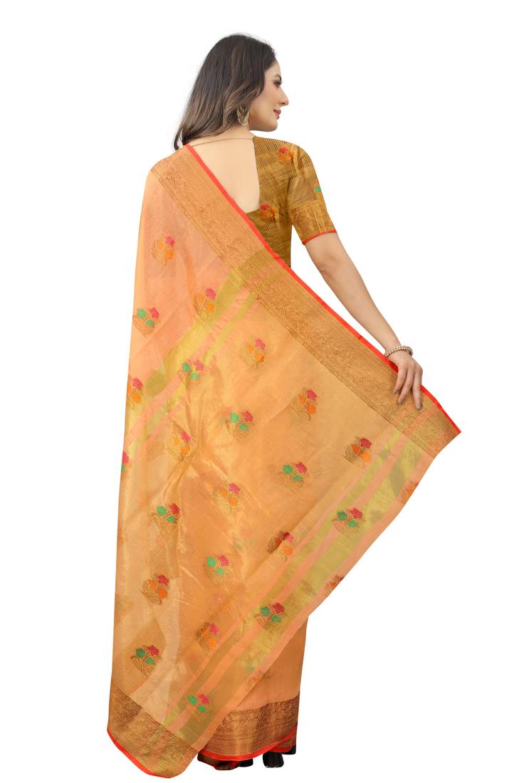 Korams Design Orange Designer Cotton Chanderi Woven Saree With Blouse For Women
