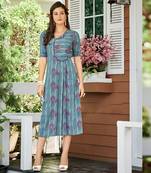 Designer Poly Georgette Blue color Straight Cut Kurti With Block Printed Kurti