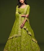 Neon Green Thread Zari Dori And Sequins Embroidered Art Silk Lehenga Choli