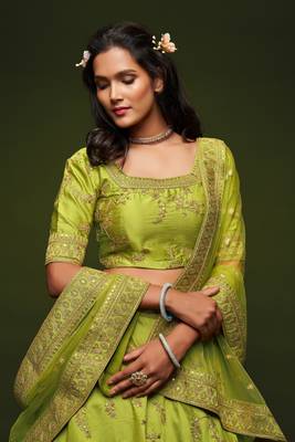 Neon Green Thread Zari Dori And Sequins Embroidered Art Silk Lehenga Choli 2