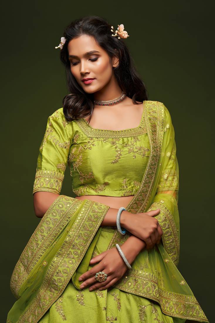Neon Green Thread Zari Dori And Sequins Embroidered Art Silk Lehenga Choli
