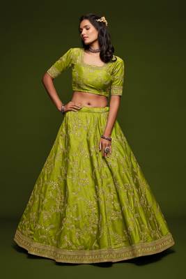 Neon Green Thread Zari Dori And Sequins Embroidered Art Silk Lehenga Choli 3