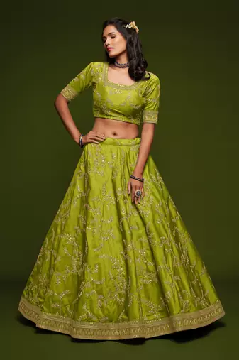Neon Green Thread Zari Dori And Sequins Embroidered Art Silk Lehenga Choli