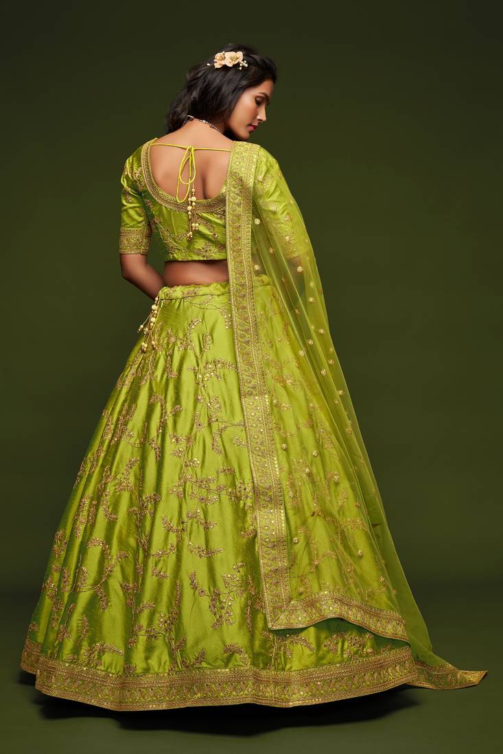 Neon Green Thread Zari Dori And Sequins Embroidered Art Silk Lehenga Choli