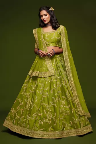 Neon Green Thread Zari Dori And Sequins Embroidered Art Silk Lehenga Choli