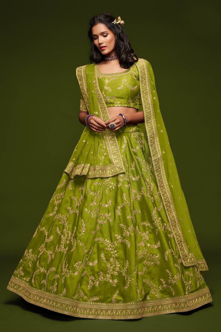 Neon Green Thread Zari Dori And Sequins Embroidered Art Silk Lehenga Choli