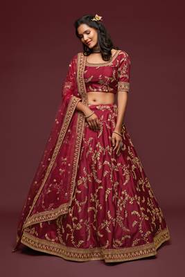 Maroon Thread Zari Dori And Sequins Embroidered Art Silk Lehenga Choli For Wedding 1