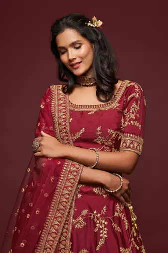 Maroon Thread Zari Dori And Sequins Embroidered Art Silk Lehenga Choli For Wedding