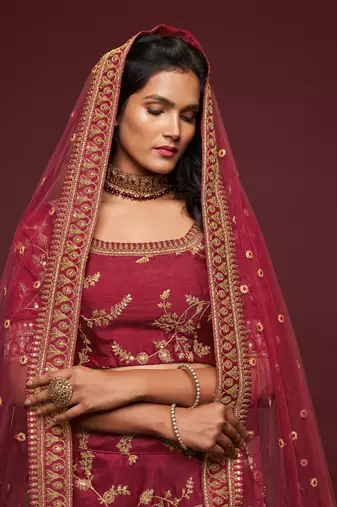 Maroon Thread Zari Dori And Sequins Embroidered Art Silk Lehenga Choli For Wedding