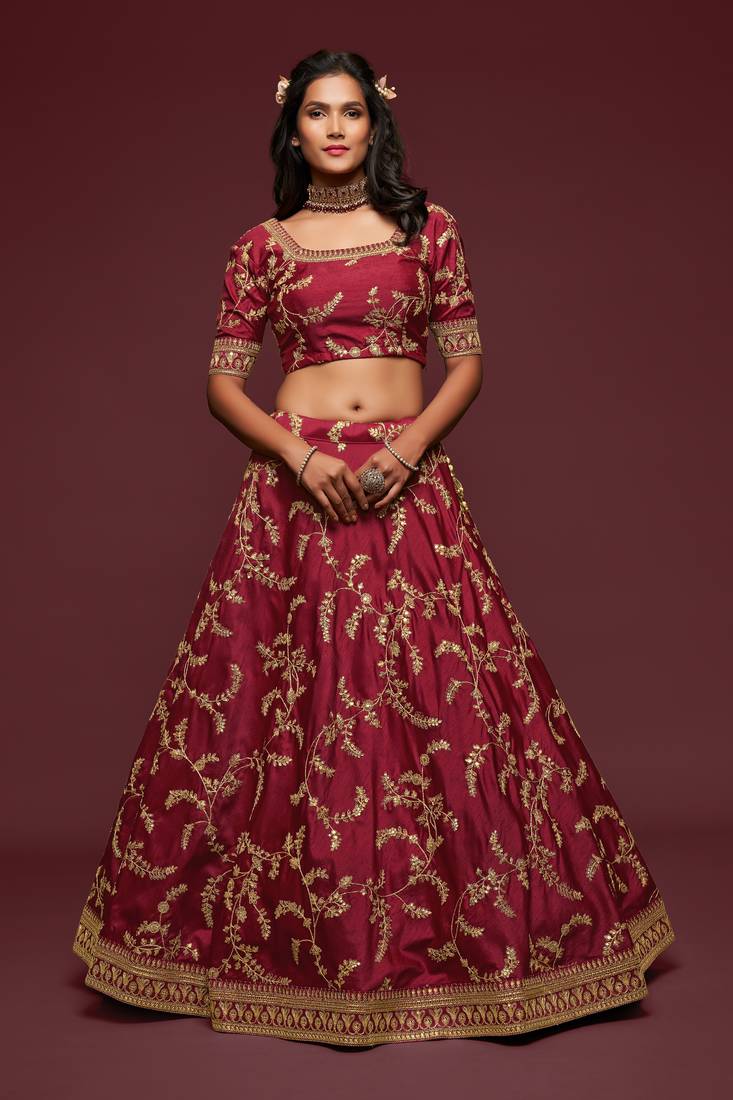 Maroon Thread Zari Dori And Sequins Embroidered Art Silk Lehenga Choli For Wedding