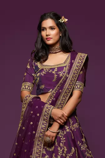 Purple Thread Zari Dori And Sequins Embroidered Art Silk Lehenga Choli For Bride