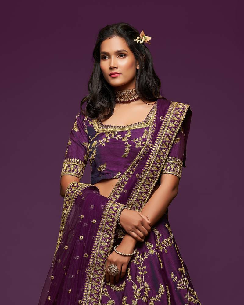 Purple Thread Zari Dori And Sequins Embroidered Art Silk Lehenga Choli For Bride