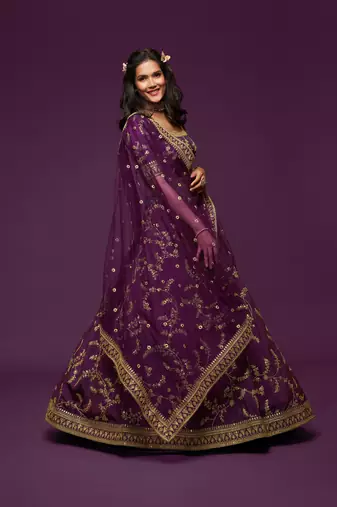 Purple Thread Zari Dori And Sequins Embroidered Art Silk Lehenga Choli For Bride