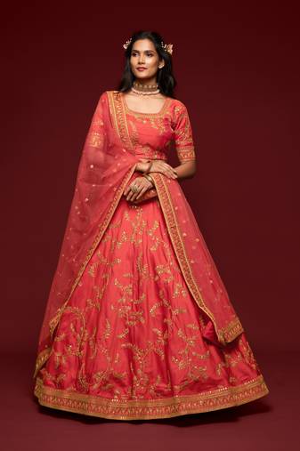  Carrot Gajri Thread Zari Dori And Sequins Embroidered Art Silk Lehenga Choli For Women