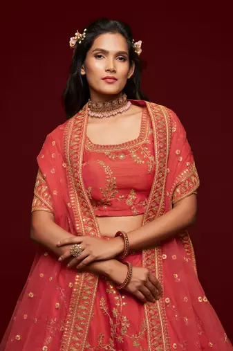  Carrot Gajri Thread Zari Dori And Sequins Embroidered Art Silk Lehenga Choli For Women