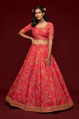  Carrot Gajri Thread Zari Dori And Sequins Embroidered Art Silk Lehenga Choli For Women 3