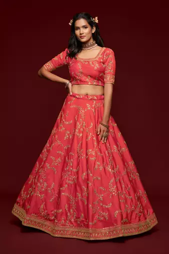  Carrot Gajri Thread Zari Dori And Sequins Embroidered Art Silk Lehenga Choli For Women