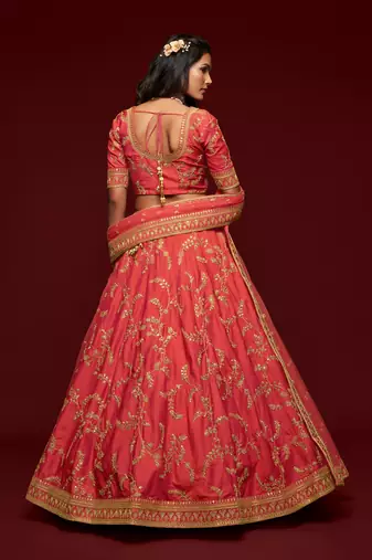  Carrot Gajri Thread Zari Dori And Sequins Embroidered Art Silk Lehenga Choli For Women