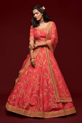  Carrot Gajri Thread Zari Dori And Sequins Embroidered Art Silk Lehenga Choli For Women 5
