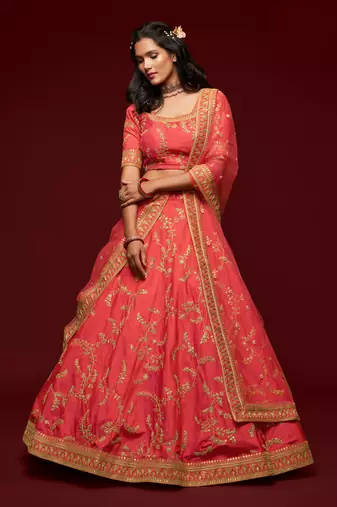  Carrot Gajri Thread Zari Dori And Sequins Embroidered Art Silk Lehenga Choli For Women