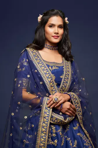 Blue Thread Zari And Sequins Embroidered Art Silk Designer Lehenga Choli