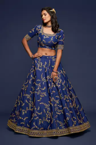 Blue Thread Zari And Sequins Embroidered Art Silk Designer Lehenga Choli