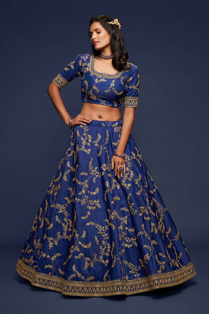 Blue Thread Zari And Sequins Embroidered Art Silk Designer Lehenga Choli