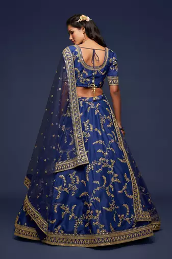 Blue Thread Zari And Sequins Embroidered Art Silk Designer Lehenga Choli