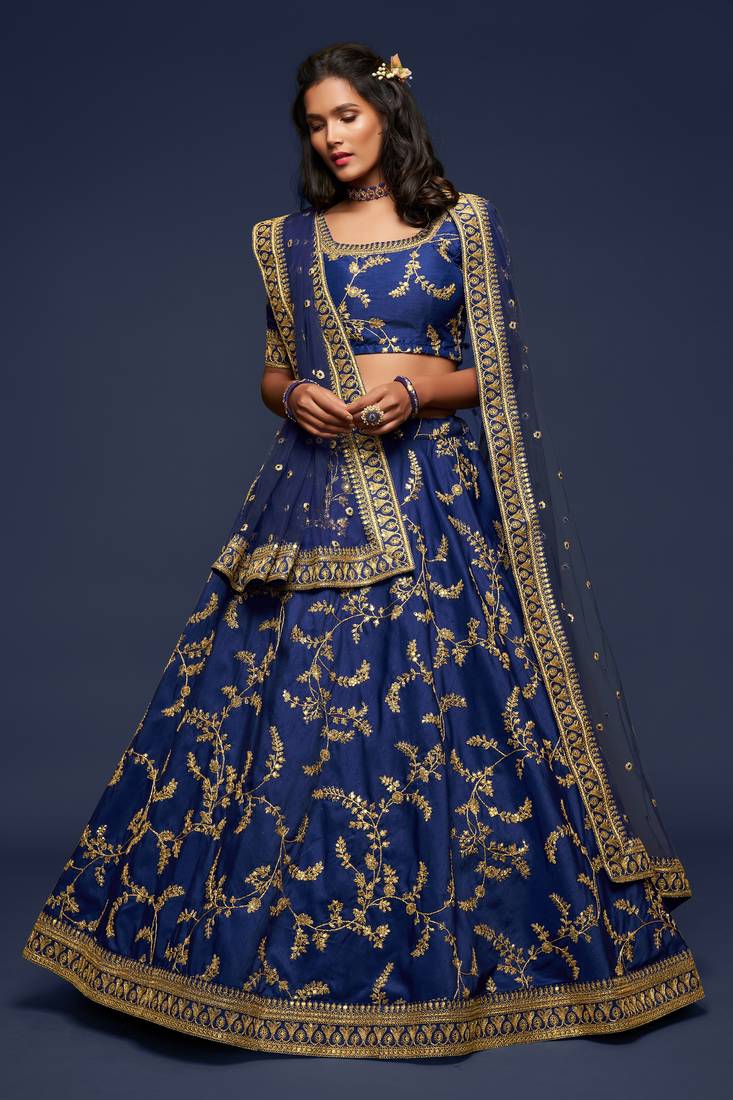 Blue Thread Zari And Sequins Embroidered Art Silk Designer Lehenga Choli