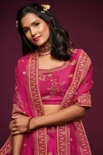 Fetching Pink Thread Zari Dori And Sequins Embroidered Art Silk Wedding Lehenga Choli