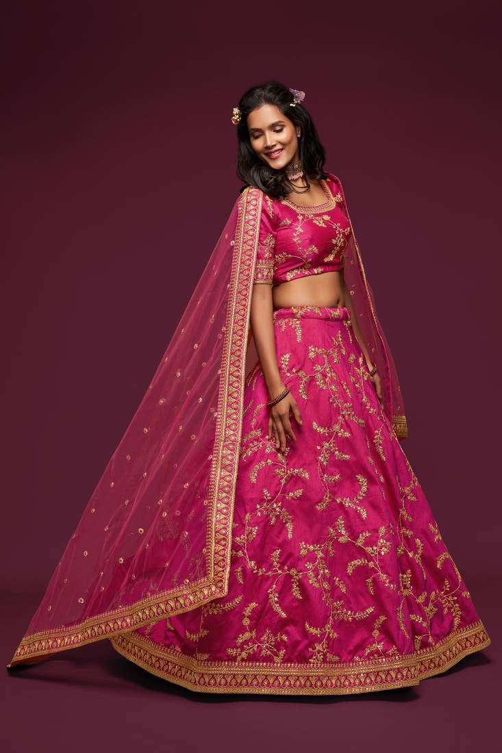 Fetching Pink Thread Zari Dori And Sequins Embroidered Art Silk Wedding Lehenga Choli