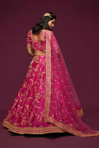 Fetching Pink Thread Zari Dori And Sequins Embroidered Art Silk Wedding Lehenga Choli