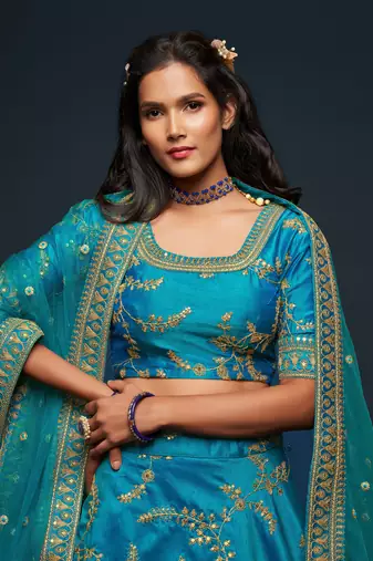  Teal Blue Thread Zari Dori And Sequins Embroidered Art Silk Party Wear Lehenga Choli