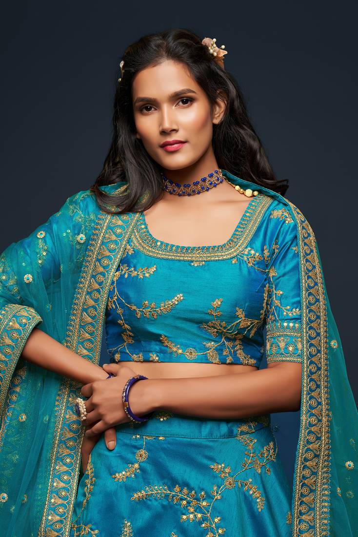  Teal Blue Thread Zari Dori And Sequins Embroidered Art Silk Party Wear Lehenga Choli
