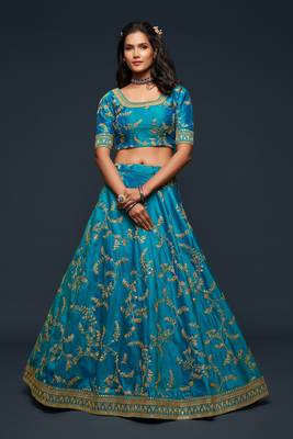  Teal Blue Thread Zari Dori And Sequins Embroidered Art Silk Party Wear Lehenga Choli 4